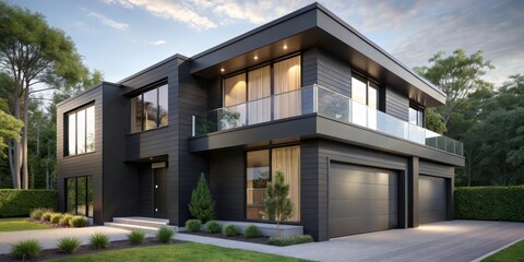 Fototapeta premium Modern Two-Story House with Black Exterior and Large Windows, large windows