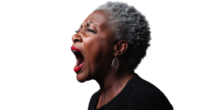 Senior african american woman screaming with red lipstick and transparent background