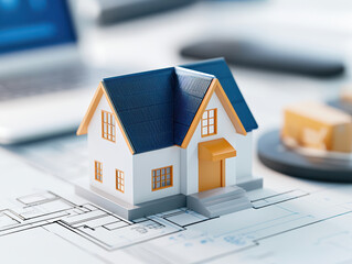Housing property demand concept. detailed model of house on architectural plans, symbolizing real estate