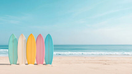 Vibrant beach scene with colorful surfboards lined up on sand under clear blue sky.