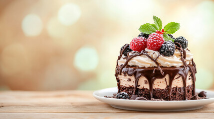 Decadent chocolate dessert topped with fresh berries, whipped cream, and mint leaves on wooden table.