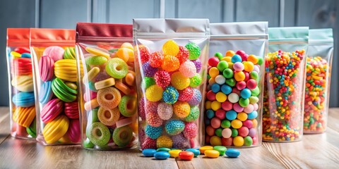 Vibrant colorful doypack packaging with assorted sweets and candies in a modern candy store, packaging, sweets,  packaging