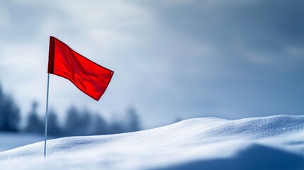 Naklejka premium Snowy golf flag gently waving in the wind, vibrant red against a pale winter background, minimalist composition