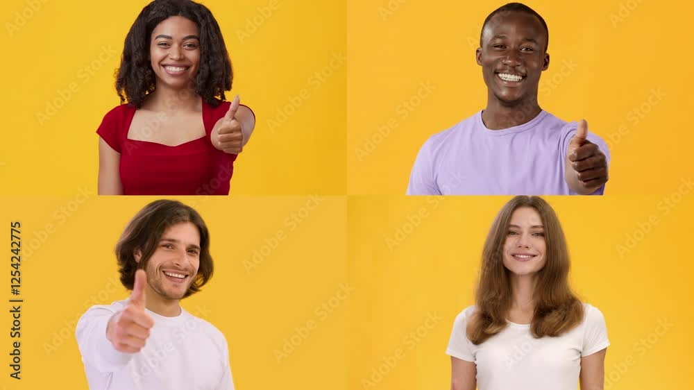 Poster a joyful gathering of four individuals each expressing positivity with big smiles and thumbs-up gest