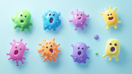 Obraz premium Playful microbe icons with exaggerated features, vibrant color palette, and soft shadows, arranged on a light blue backdrop