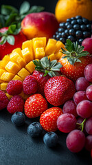 Obraz premium Vibrant assortment of fresh fruits including strawberries, mango, grapes, and berries on dark background.