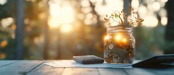 Fototapeta premium Sunset savings coins in jar, calculator, papers
