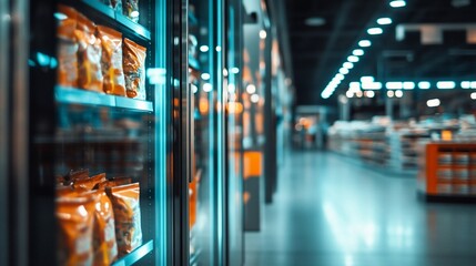 Obraz premium Supermarket snack aisle, chilled goods, shoppers, retail