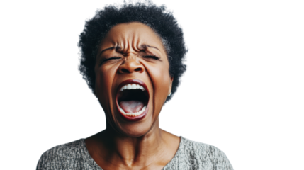 Angry senior woman shouting with transparent background