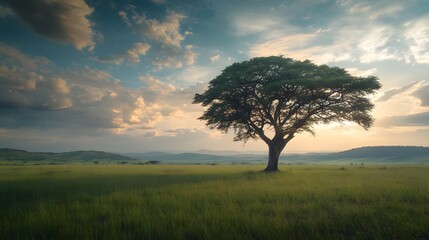 Obraz premium Solitary Tree in African Savanna Sunset Landscape