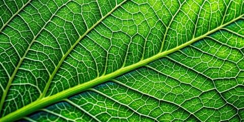 Obraz premium Close-up of a single vibrant green leaf with intricate veins and a delicate texture, detailed view, botanical