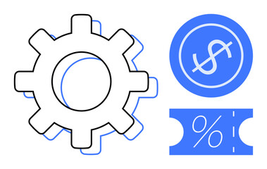 Gear with dollar coin and percentage ticket symbolizing efficiency, production, finance, savings, and integration. Ideal for business management, economic analysis, finance, productivity cost