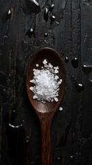 Sea salt crystals rest delicately on a wooden spoon, highlighting their natural texture and purity