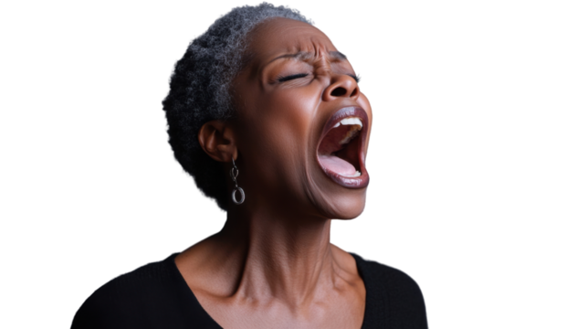 Angry senior adult woman shouting with transparent background