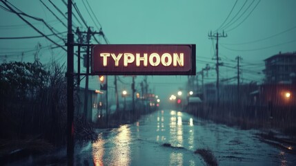 Illuminated "Typhoon" Sign on a Rainy Street with Reflective Puddles Under a Cloudy Sky in an Urban Suburban Setting During Evening Twilight