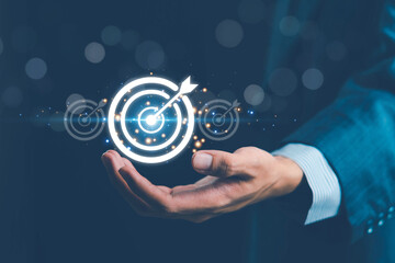 Startup business concept, businessman hands show goals and target for growing business, fast business success. Startup founder, network connection, idea generation, digital marketing.