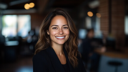 A smiling woman with long, wavy hair in modern office setting, showcasing professionalism and teamwork.