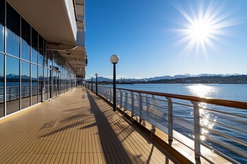 Scenic waterfront view with sun and mountains reflected in water.
