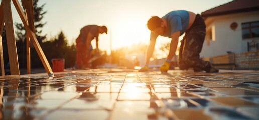 Workers laying tiles during sunset at a construction site.