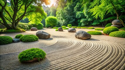 Serene Zen garden with smooth rocks and fine sand, surrounded by lush greenery