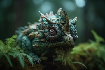 Fototapeta premium Detailed close-up of a mythical creature resting among ferns in a lush forest during early morning light
