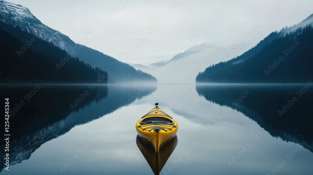 Poster lone yellow kayak floating on a serene mountain lake surrounded by misty peaks in early morning ligh