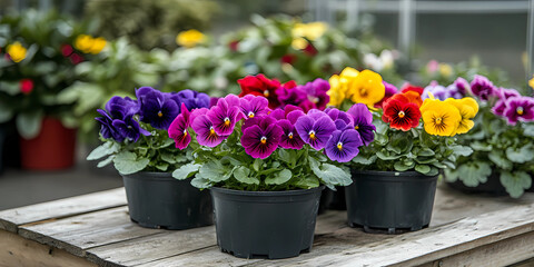 A table with several potted plants, including a few purple and yellow flowers