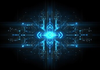 Obraz premium Abstract digital circuitry design with glowing blue elements on a dark background.
