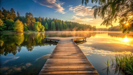 A wooden pier stretches across a serene lake at sunrise, surrounded by tall trees and lush greenery, with soft golden light reflecting off the water's surface, calm, wooden pier