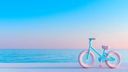 Fototapeta premium Pastel bike on beach, sunset sky. Summer fun, vacation imagery