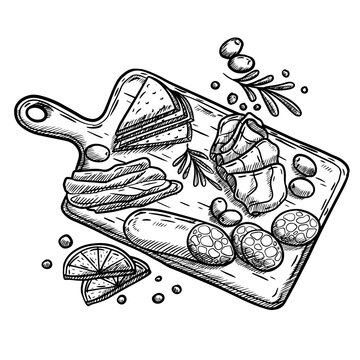 Naklejki hand drawn vector illustration of charcuterie board with cheese, appetizer, ham, olives, restaurant, tapas, spanish food