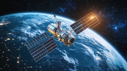 Satellite orbiting Earth at sunset, showcasing solar panels and Earth's curvature.