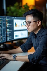 Analyst working with Business, Concept digital transformation technology strategy, Analytics and Data Management System on computer, make a report with KPI and metrics connected to database.