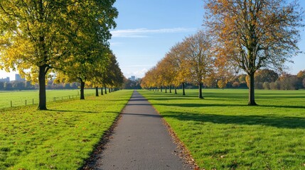 Naklejka premium Autumnal Path Lined With Trees In Park