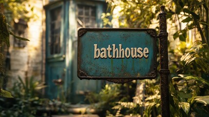 Obraz premium Charming Bathhouse Sign in a Lush Green Enchanted Garden with Rustic Architectural Flair and Subtle Vintage Elements for a Tranquil Atmosphere