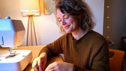 Caucasian woman smiling sewing at machine illuminated by warm light in cozy home setting Creative hobby