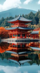 Pixelated Red Temple Reflection In Autumnal Japanese Lake