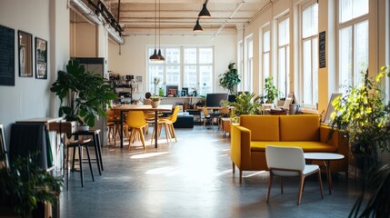 Fototapeta premium A modern open-plan space with light yellow sofas, a wooden dining table, and white chairs, surrounded by soft lighting and natural materials.