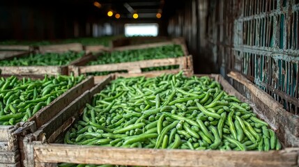 Neatly packed green beans in traditional storage crates, resting in a truck bed, ready for transportation from a serene vegetable farm