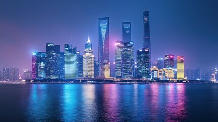 Obraz premium Night cityscape panorama, skyscrapers reflecting in water.