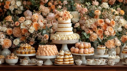 Peach wedding cake dessert table with flowers