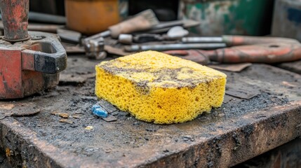 A removed drain pipe being thoroughly cleaned with a soft sponge, with other tools in the background.