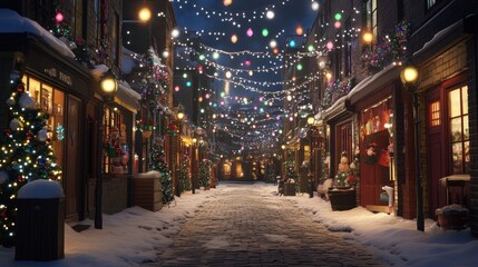 Snowy Christmas street at night with colorful lights and decorated shops.