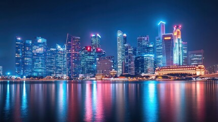 Naklejka premium Vibrant night cityscape reflecting on calm water.