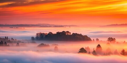 Fototapeta premium Soft pink and orange hues illuminate the foggy landscape as a sunrise slowly peeks above the horizon, fog, serene, fog