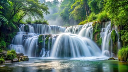 Obraz premium Dense foliage surrounds a foamy waterfall cascading into a serene river