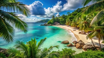 Obraz premium Tranquil turquoise bay nestled among swaying palm trees on a Seychelles island, palm trees, beach, palm trees