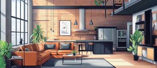 Sunlit loft apartment with open-plan living and kitchen area, featuring orange sofa, large windows, and modern furniture.
