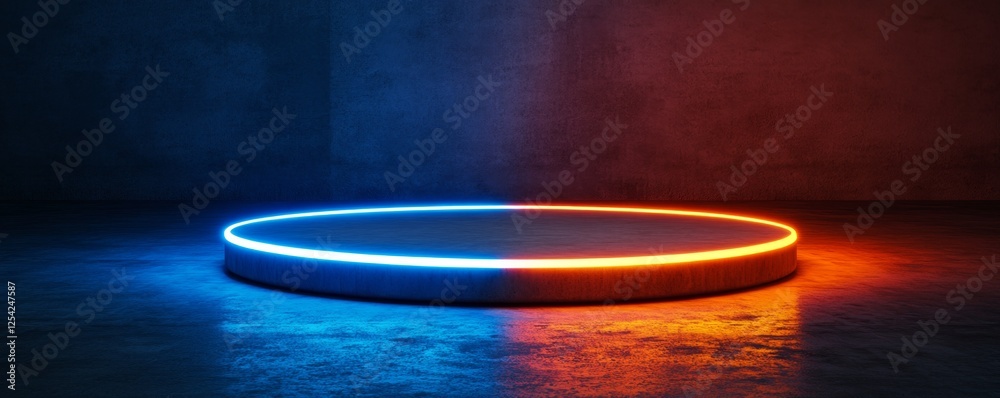 Poster neon-lit circular platform, dark studio backdrop, product display
