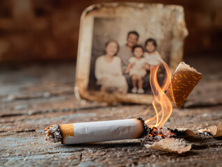Quitting smoking according to the concept of drug addiction treatment. burning cigarette with smoke and ashes, evoking nostalgia and memories